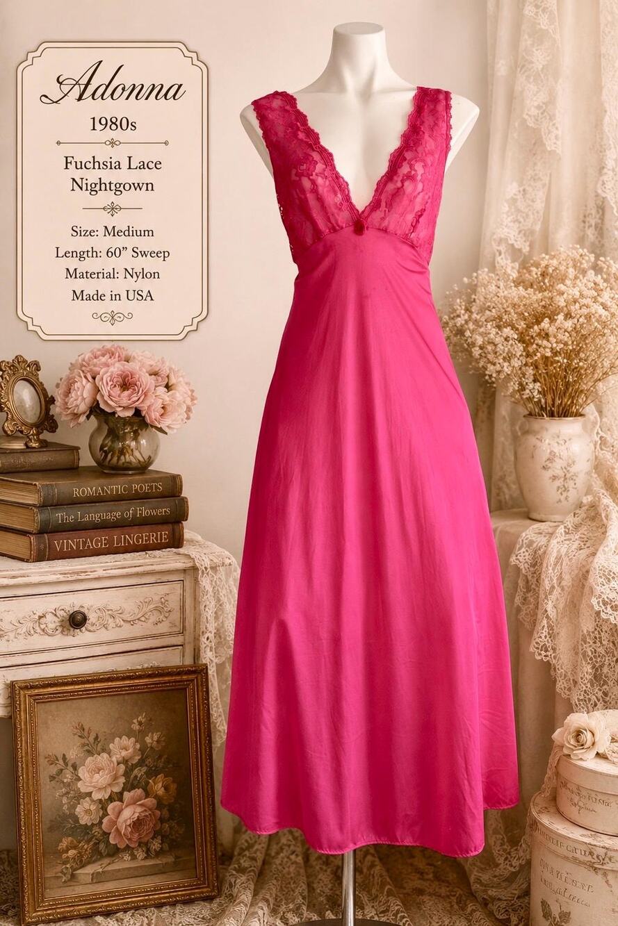 Vintage 1980s Adonna Fuchsia Lace Lingerie Deep V Nightgown 60” Sweep Sz M